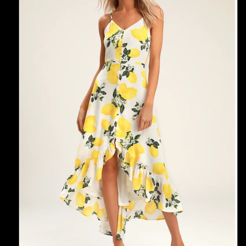 Lulus Afternoon Air Yellow Lemon Print High-Low Midi Dress